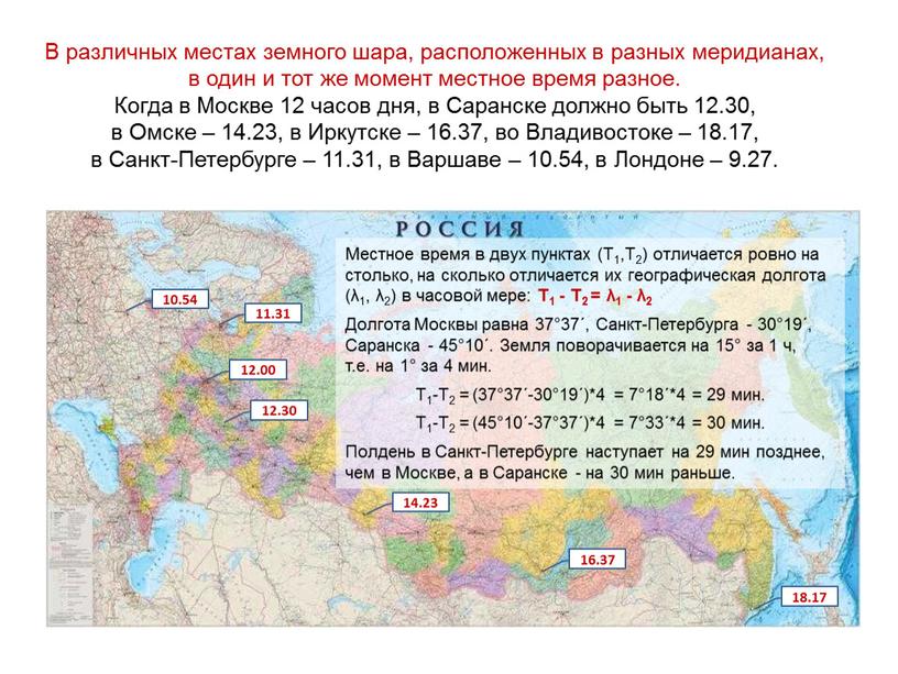 В различных местах земного шара, расположенных в разных меридианах, в один и тот же момент местное время разное