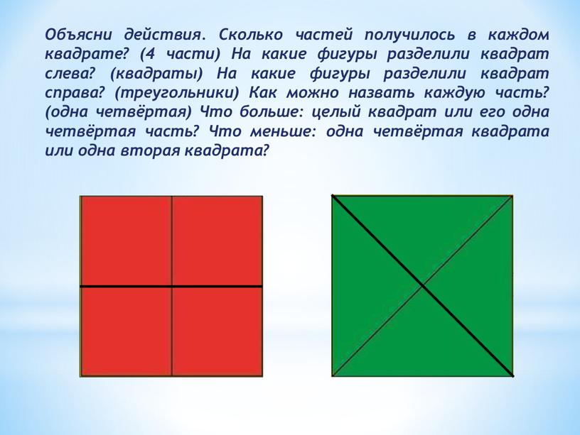 Объясни действия. Сколько частей получилось в каждом квадрате? (4 части)