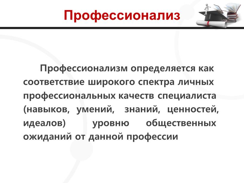 Профессионализ Профессионализм определяется как соответствие широкого спектра личных профессиональных качеств специалиста (навыков, умений, знаний, ценностей, идеалов) уровню общественных ожиданий от данной профессии