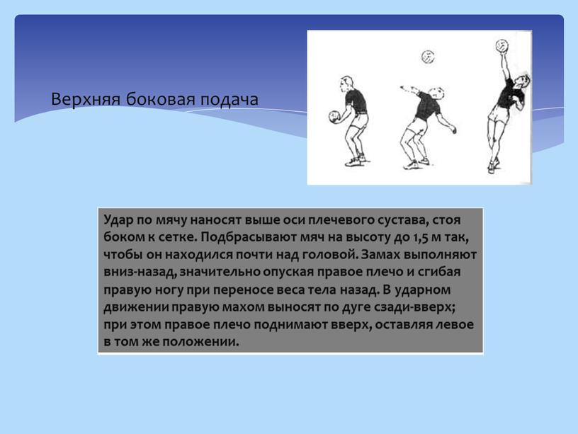 Верхняя боковая подача Удар по мячу наносят выше оси плечевого сустава, стоя боком к сетке