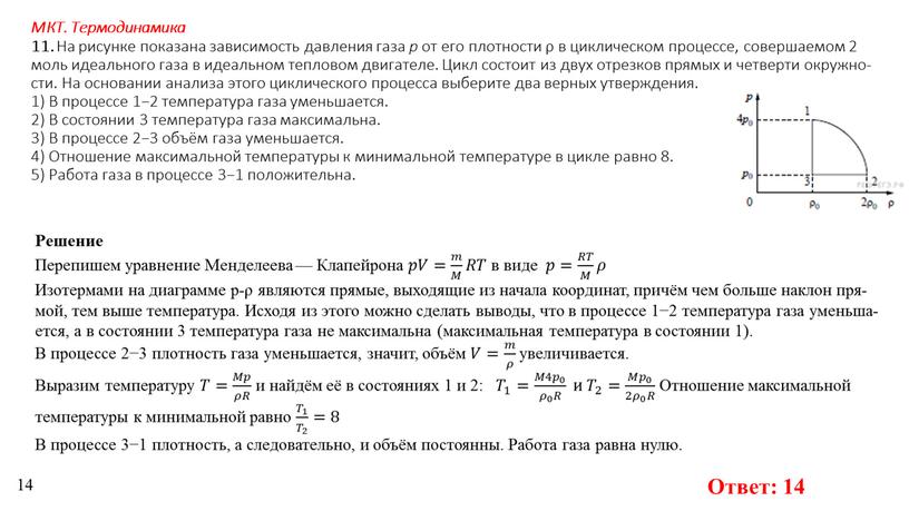 МКТ. Термодинамика 11. На ри­сун­ке по­ка­за­на за­ви­си­мость дав­ле­ния газа p от его плот­но­сти ρ в цик­ли­че­ском про­цес­се, со­вер­ша­е­мом 2 моль иде­аль­но­го газа в иде­аль­ном теп­ло­вом…