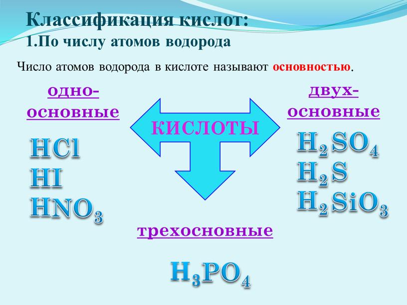 Классификация кислот: 1.По числу атомов водорода