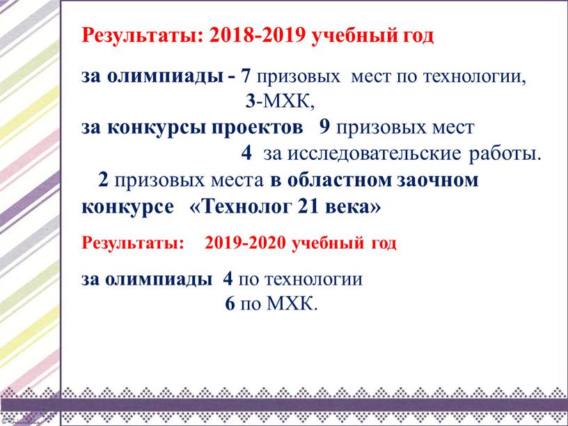 Результаты: 2018-2019 учебный год за олимпиады - 7 призовых мест по технологии, 3 -МХК, за конкурсы проектов 9 призовых мест 4 за исследовательские работы