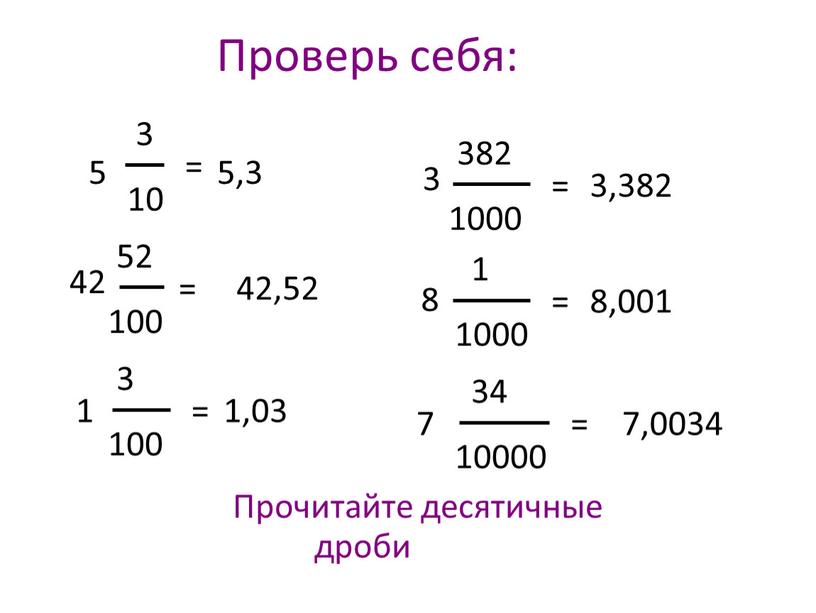 Проверь себя: Прочитайте десятичные дроби 5 3 10 = 5,3 42 52 100 = 42,52 1 3 100 = 1,03 3 382 1000 = 3,382…