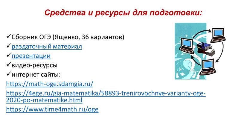 Сборник ОГЭ (Ященко, 36 вариантов) раздаточный материал презентации видео-ресурсы интернет сайты: https://math-oge