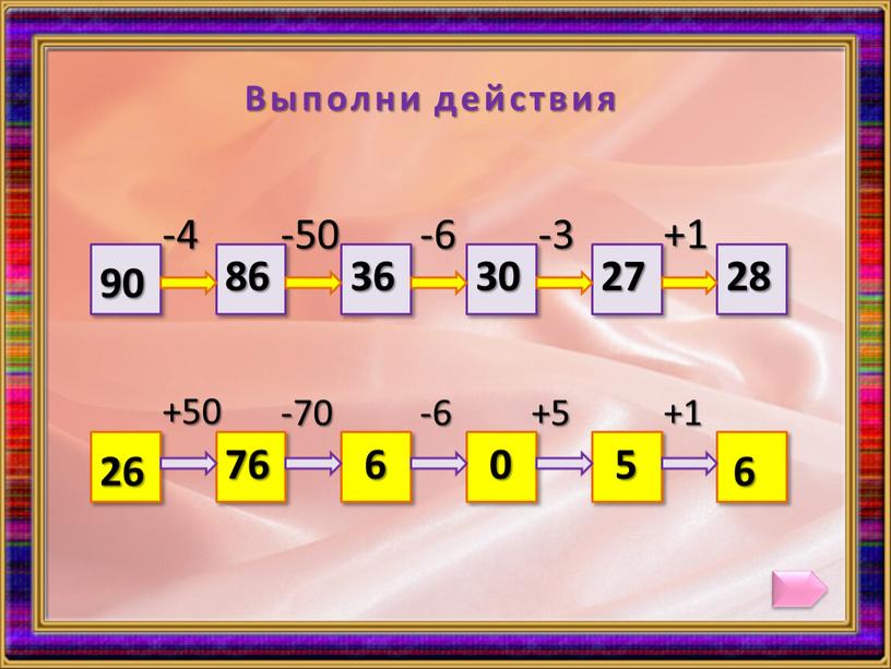 Выполни действия 90 28 -4 -50 -6 -3 +1 86 36 30 27 26 6 +50 -70 -6 +5 +1 76 6 0 5