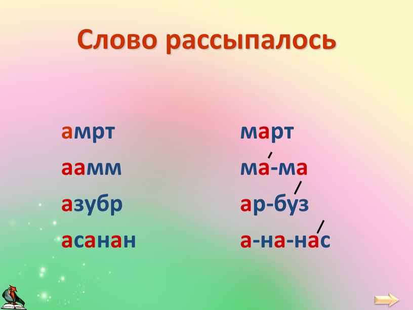 Слово рассыпалось амрт аамм азубр асанан март ма-ма ар-буз а-на-нас