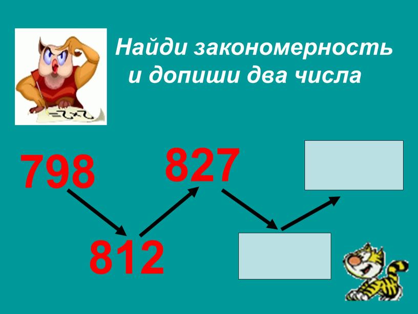 Найди закономерность и допиши два числа 798 812 827 843 860