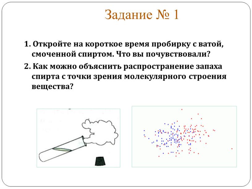 Задание № 1 1. Откройте на короткое время пробирку с ватой, смоченной спиртом