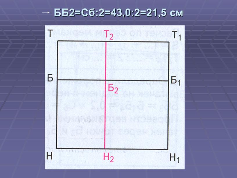 ББ2=Сб:2=43,0:2=21,5 см