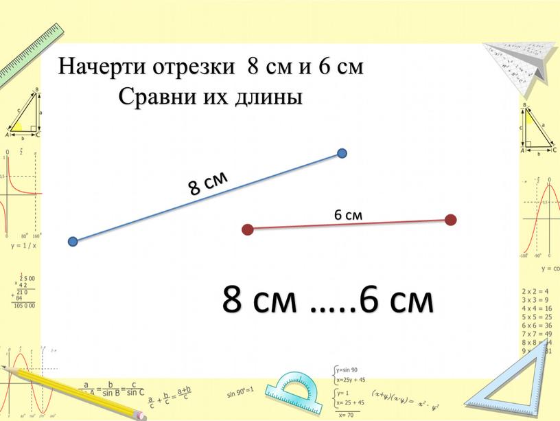 Начерти отрезки 8 см и 6 см Сравни их длины 6 см 8 см 8 см …