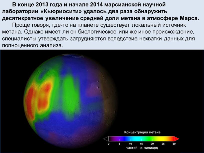 В конце 2013 года и начале 2014 марсианской научной лаборатории «Кьюриосити» удалось два раза обнаружить десятикратное увеличение средней доли метана в атмосфере