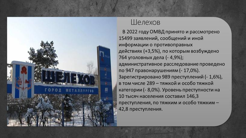 Шелехов В 2022 году ОМВД принято и рассмотрено 15499 заявлений, сообщений и иной информации о противоправных действиях (+3,5%), по которым возбуждено 764 уголовных дела (-…