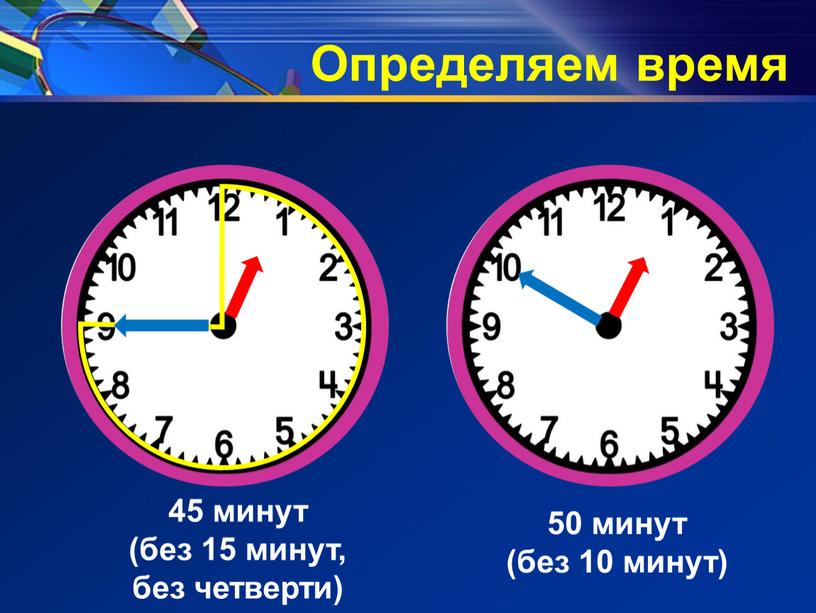 45 минут (без 15 минут, без четверти) 50 минут (без 10 минут) Определяем время