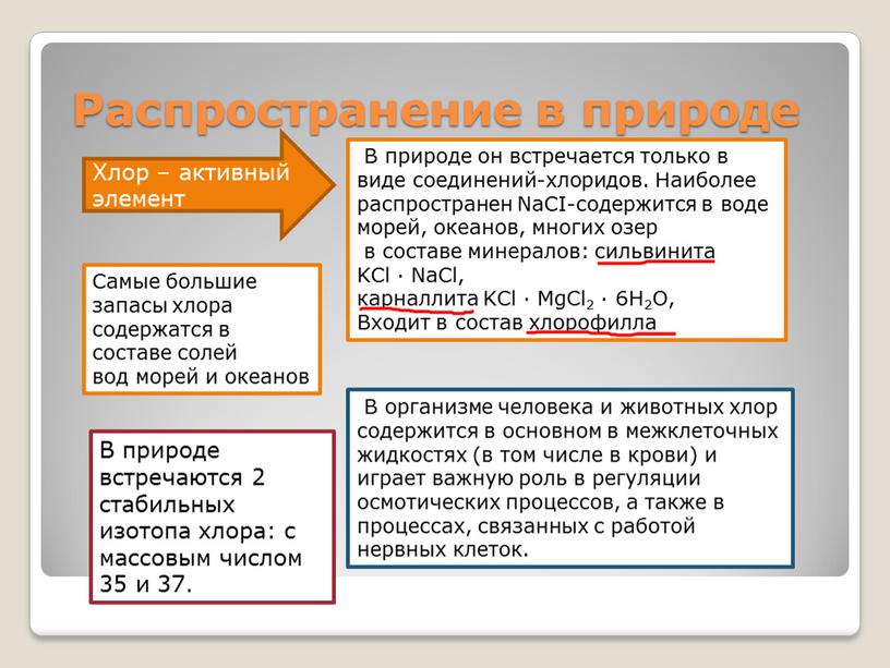 Распространение в природе Хлор – активный элемент