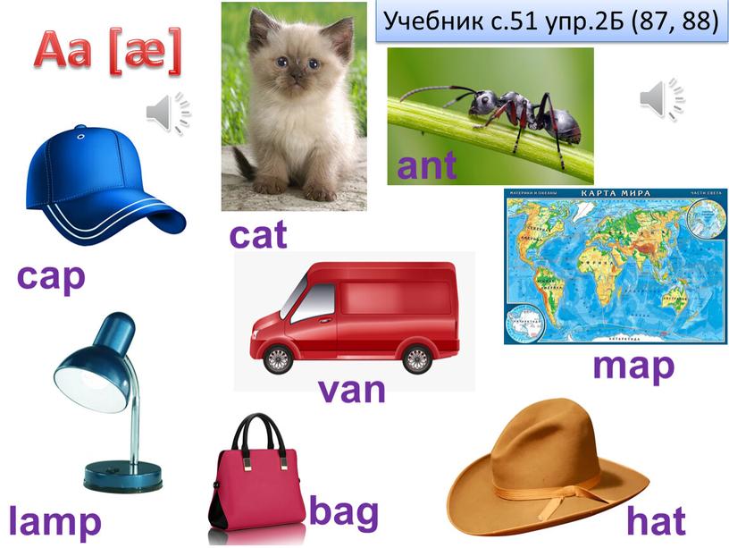 Учебник c.51 упр.2Б (87, 88) cat cap ant bag lamp van map hat