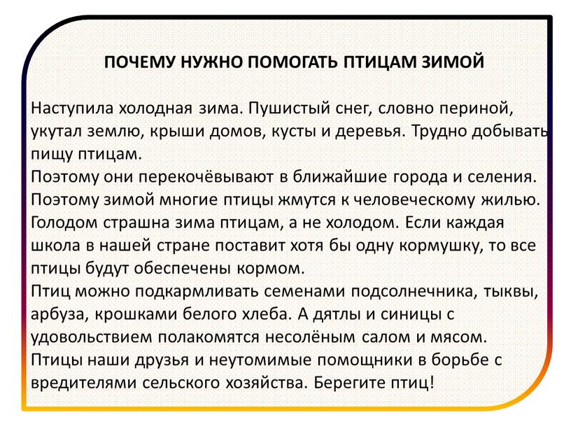 ПОЧЕМУ НУЖНО ПОМОГАТЬ ПТИЦАМ ЗИМОЙ