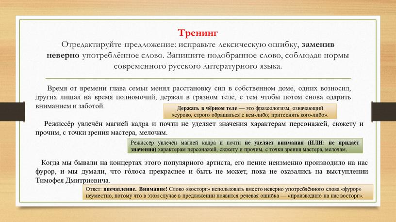 Тренинг Отредактируйте предложение: исправьте лексическую ошибку, заменив неверно употреблённое слово