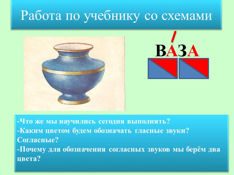 Работа по учебнику со схемами ВАЗА -Что же мы научились сегодня выполнять? -Каким цветом будем обозначать гласные звуки?