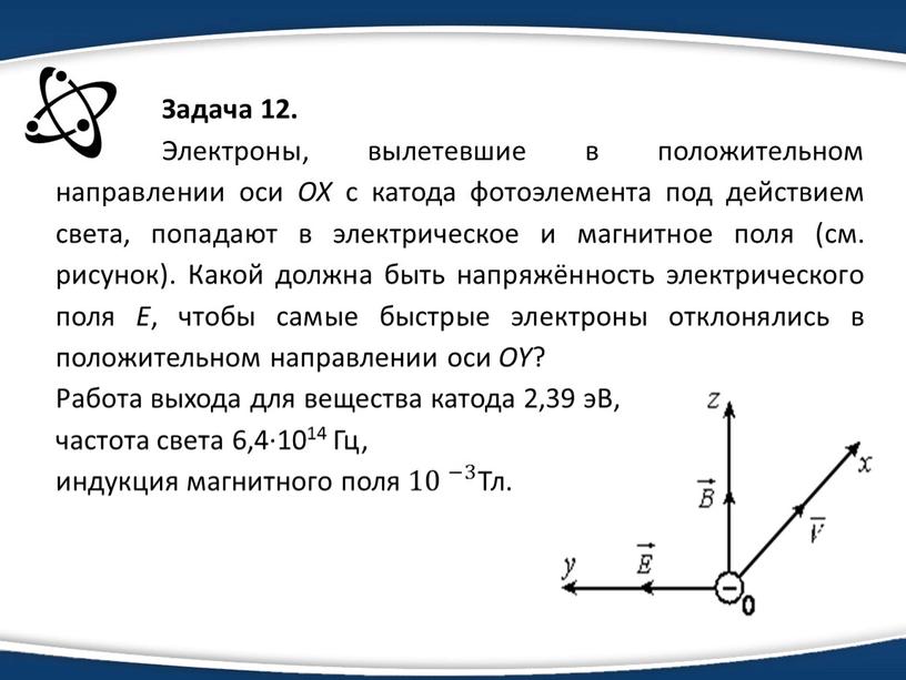 Задача 12. Электроны, вылетевшие в положительном направлении оси