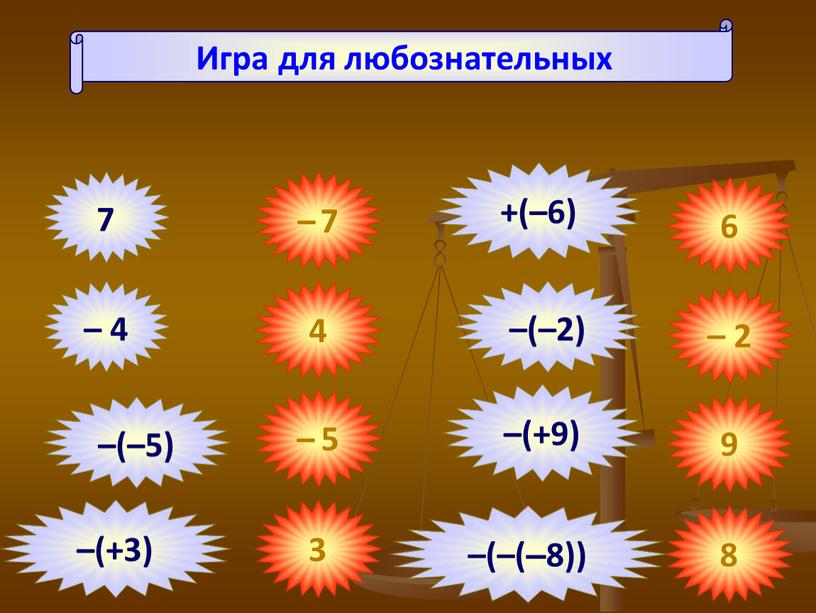 Игра для любознательных 7 – 7 – 4 4 –(–5) – 5 –(+3) 3 6 – 2 9 8 +(–6) –(–2) –(+9) –(–(–8))