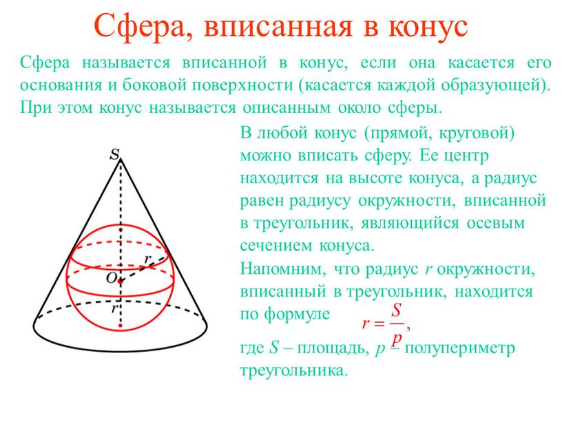 Сфера, вписанная в конус Сфера называется вписанной в конус, если она касается его основания и боковой поверхности (касается каждой образующей)