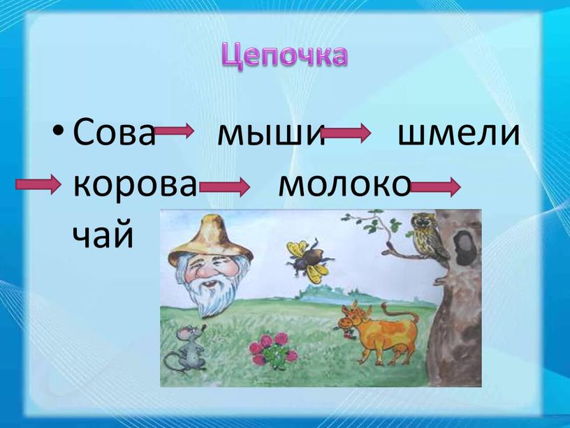 Цепочка Сова мыши шмели корова молоко чай