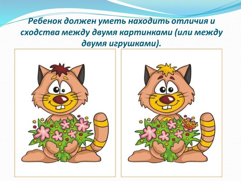 Ребенок должен уметь находить отличия и сходства между двумя картинками (или между двумя игрушками)