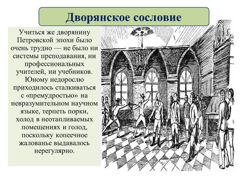 Учиться же дворянину Петровской эпохи было очень трудно — не было ни системы преподавания, ни профессиональных учителей, ни учебников