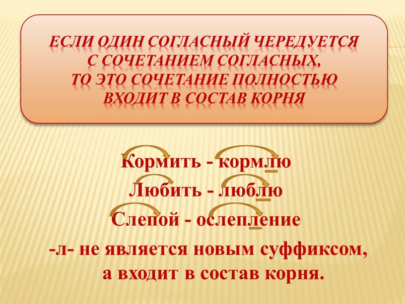 Если один согласный чередуется с сочетанием согласных, то это сочетание полностью входит в состав корня