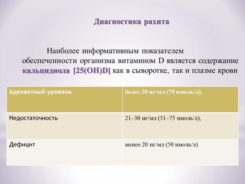 Диагностика рахита Наиболее информативным показателем обеспеченности организма витамином