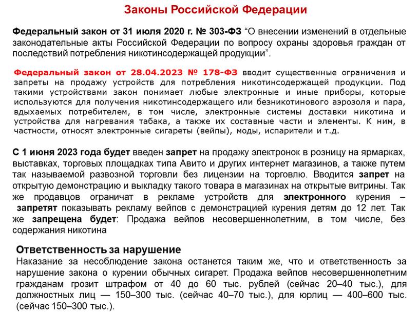 Ответственность за нарушение Наказание за несоблюдение закона останется таким же, что и ответственность за нарушение закона о курении обычных сигарет