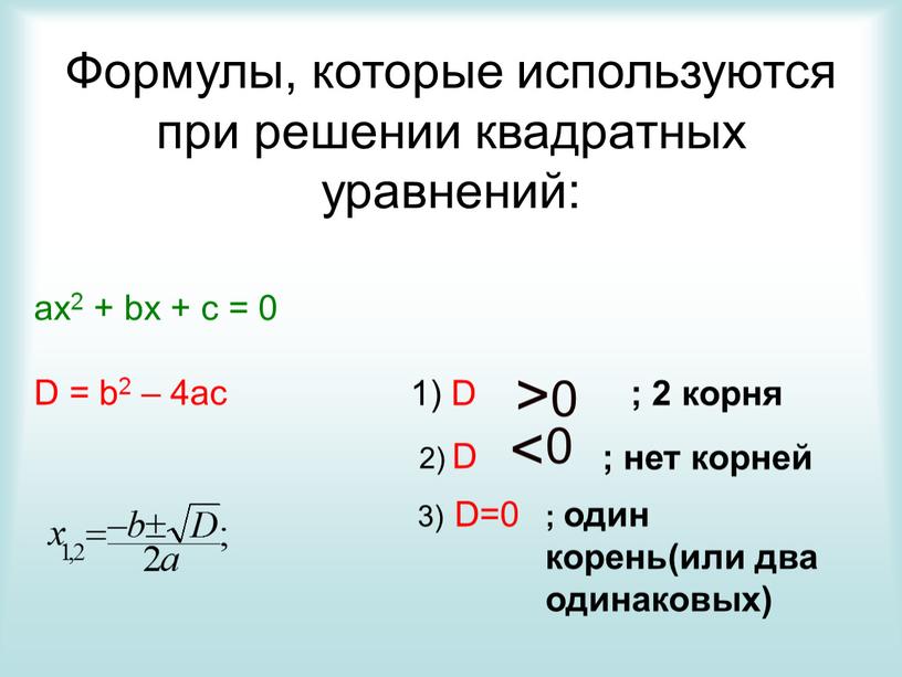 Формулы, которые используются при решении квадратных уравнений: ax2 + bx + c = 0