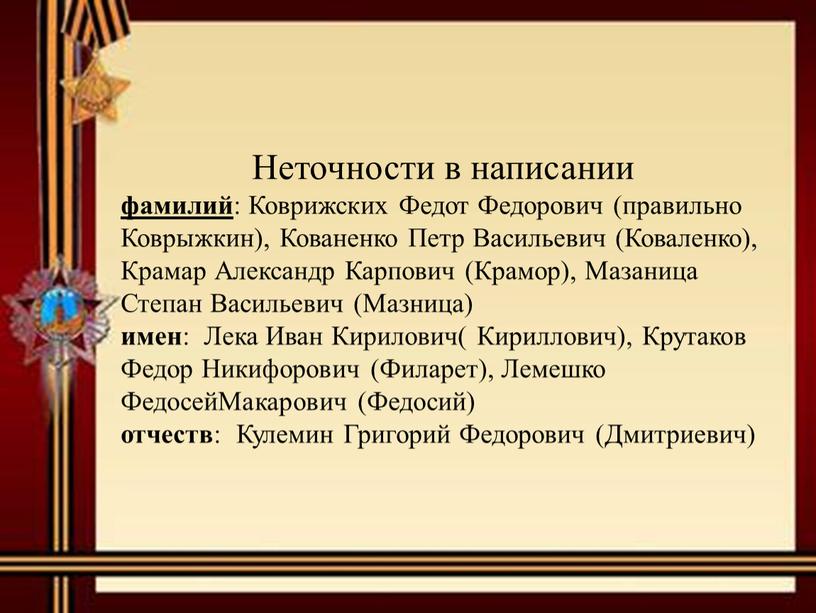 Неточности в написании фамилий :