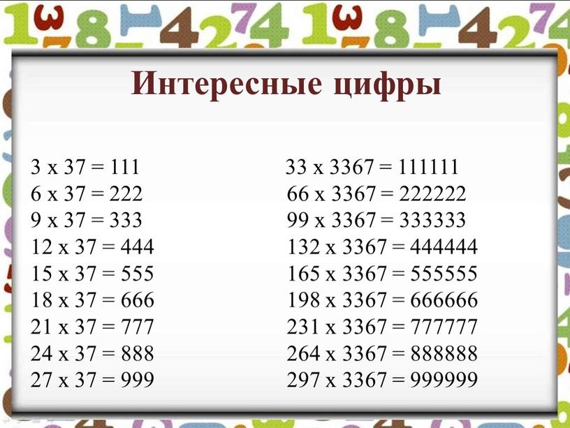 Интересные цифры 3 х 37 = 111 33 х 3367 = 111111 6 х 37 = 222 66 х 3367 = 222222 9 х 37…