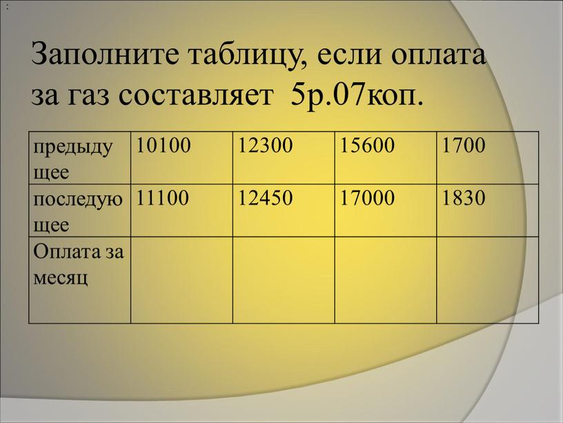 Заполните таблицу, если оплата за газ составляет 5р