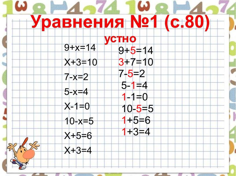 Уравнения №1 (с.80) устно 9+х=14