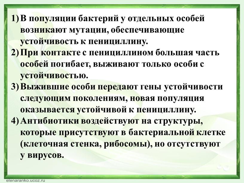 В популяции бактерий у отдельных особей возникают мутации, обеспечивающие устойчивость к пенициллину