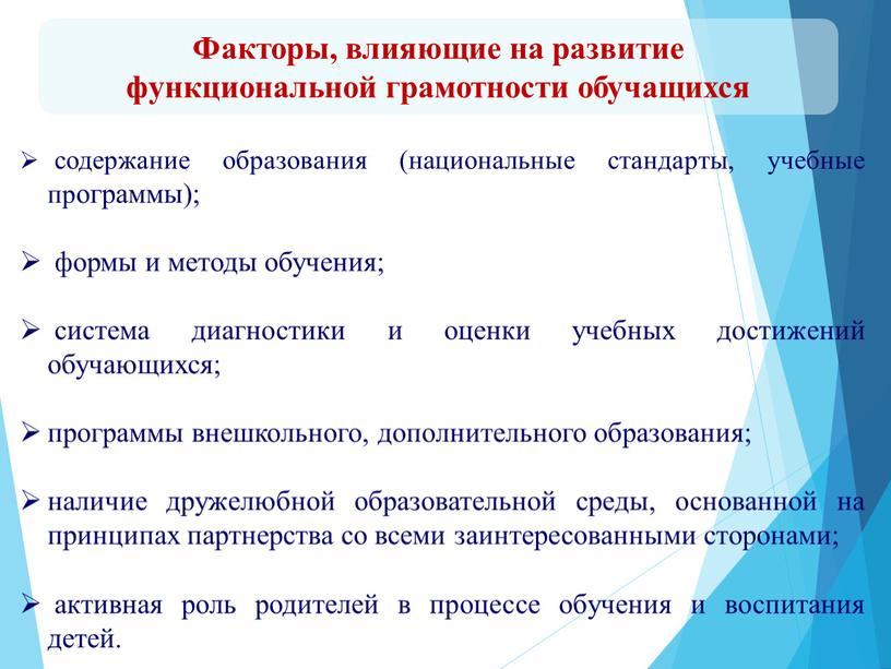 Факторы, влияющие на развитие функциональной грамотности обучащихся содержание образования (национальные стандарты, учебные программы); формы и методы обучения; система диагностики и оценки учебных достижений обучающихся; программы…