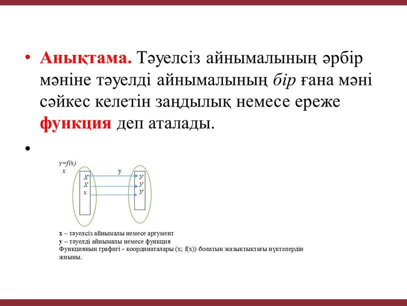 Анықтама. Тәуелсіз айнымалының әрбір мәніне тәуелді айнымалының бір ғана мәні сәйкес келетін заңдылық немесе ереже функция деп аталады