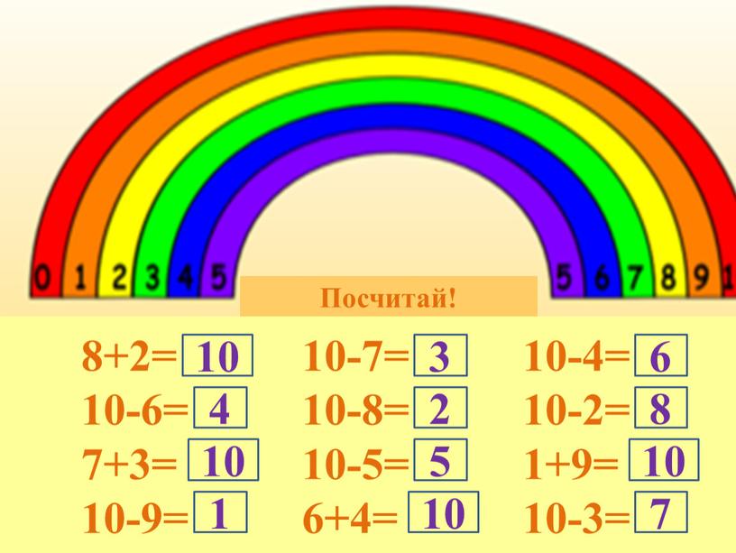 Посчитай! 8+2= 10-7= 10-4= 10-6= 10-8= 10-2= 7+3= 10-5= 1+9= 10-9= 6+4= 10-3= 10 4 10 10 10 1 3 2 5 6 8 7