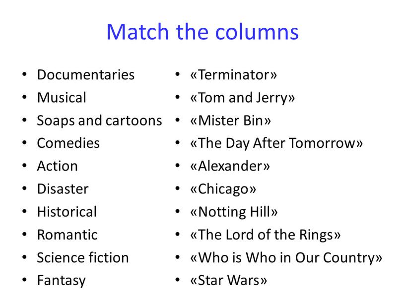 Match the columns Documentaries