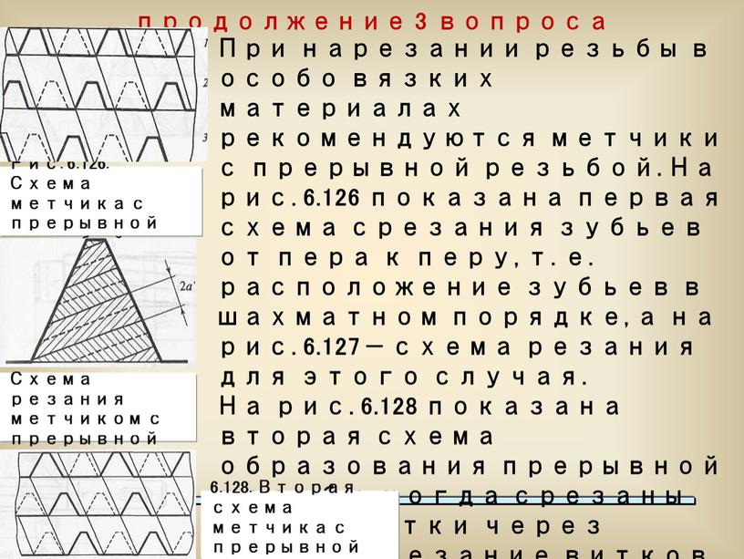 При нарезании резьбы в особо вязких материалах рекомендуются метчики с прерывной резьбой