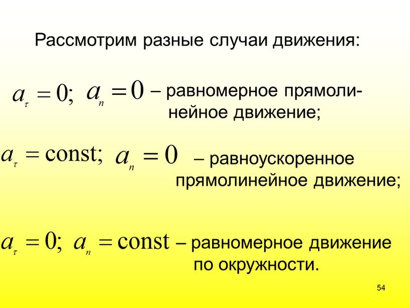 Рассмотрим разные случаи движения: – равномерное прямоли- нейное движение; – равноускоренное прямолинейное движение; – равномерное движение по окружности