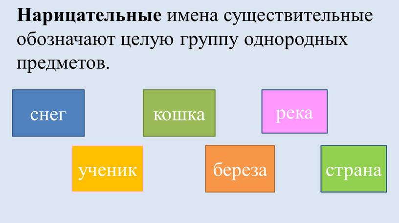 Нарицательные имена существительные обозначают целую группу однородных предметов