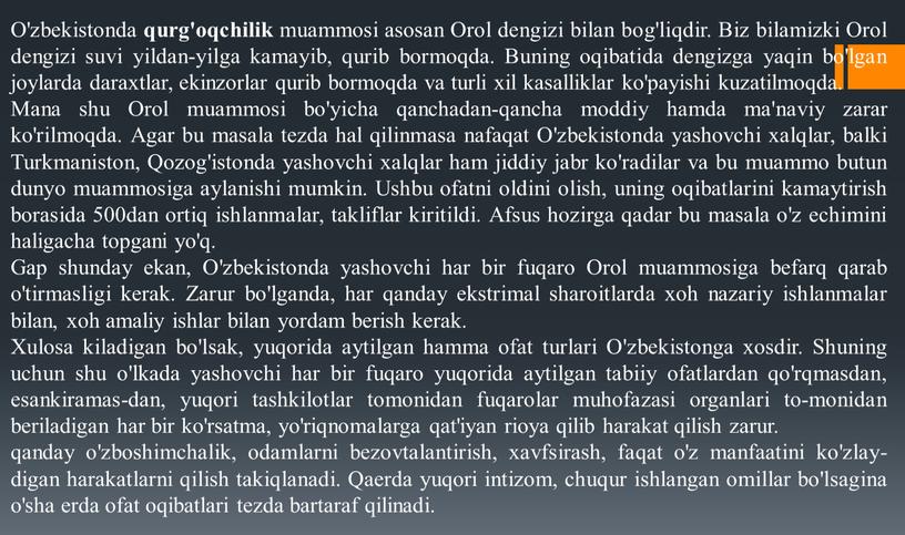 O'zbekistonda qurg'oqchilik muammosi asosan