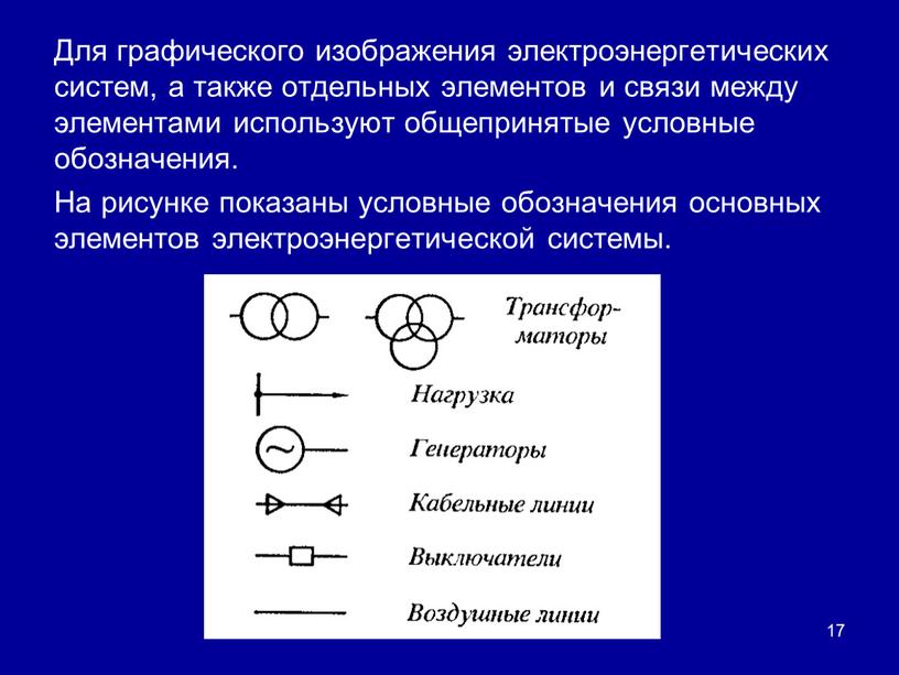 Для графического изображения электроэнергетических систем, а также отдельных элементов и связи между элементами используют общепринятые условные обозначения