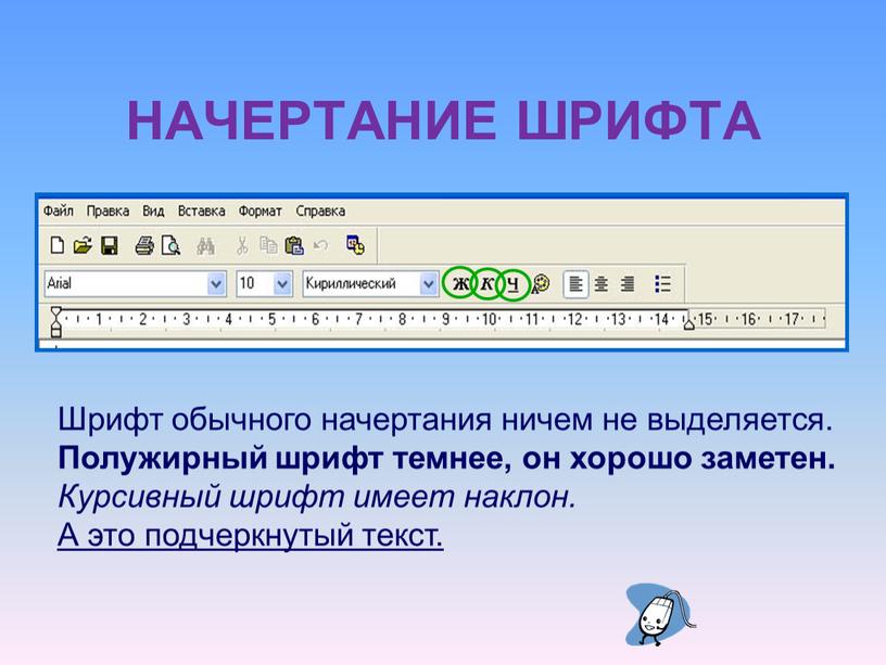 НАЧЕРТАНИЕ ШРИФТА Шрифт обычного начертания ничем не выделяется