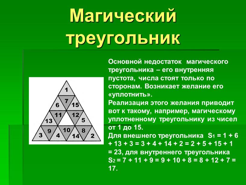 Основной недостаток магического треугольника – его внутренняя пустота, числа стоят только по сторонам