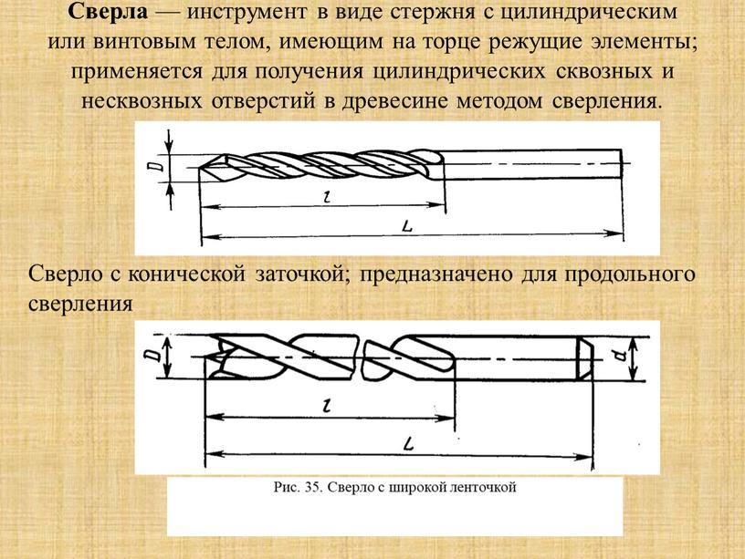 Сверла — инструмент в виде стержня с цилиндрическим или винтовым телом, имеющим на торце режущие элементы; применяется для получения цилиндрических сквозных и несквозных отверстий в…